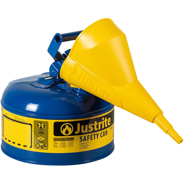 A blue Justrite kerosene safety can with a yellow funnel.