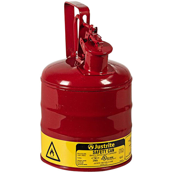 A red metal Justrite safety canister with a yellow label.