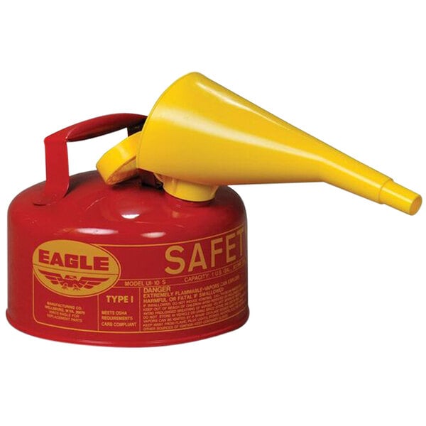 A red and yellow Eagle Manufacturing safety can with a yellow funnel.