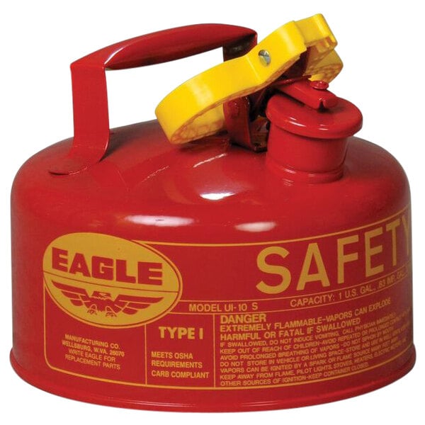 An Eagle Manufacturing 1 gallon red steel safety can for flammables with flame arrester.