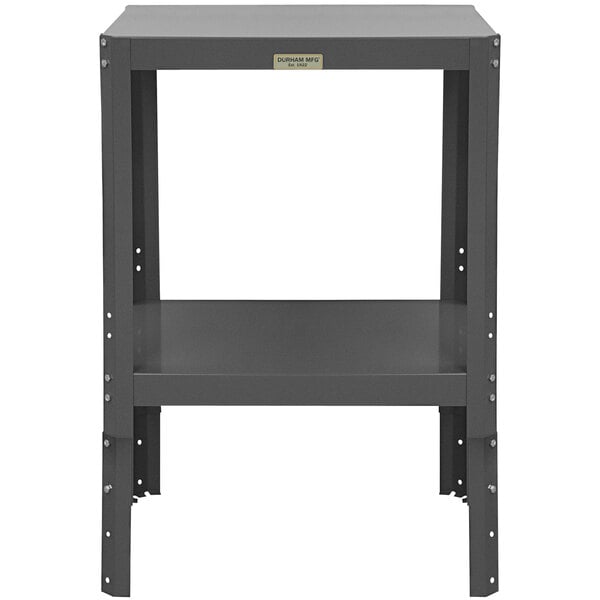 A gray metal Durham Mfg machine table with two shelves.