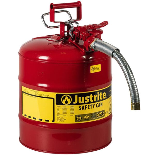 A red metal Justrite safety can with a hose and flame arrester.