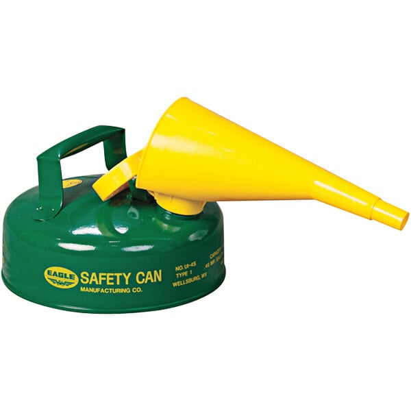 A green and yellow Eagle Manufacturing steel oil safety can with a yellow nozzle and funnel.