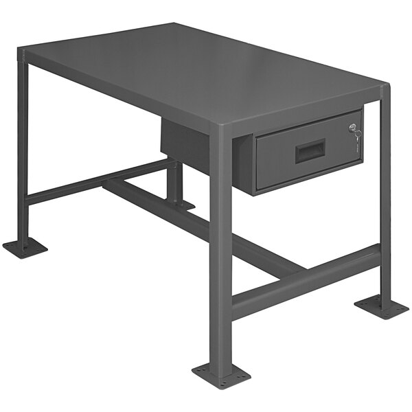 A grey steel Durham Mfg machine table with a drawer.