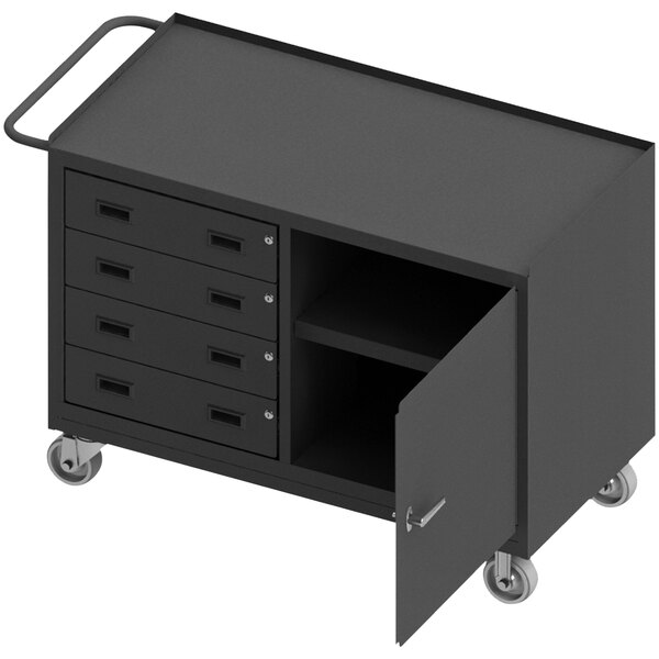 A black metal mobile workstation with a door open and one shelf.