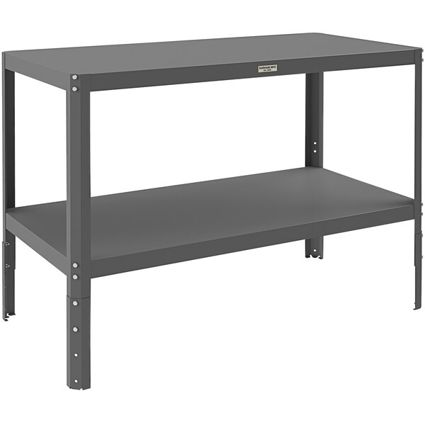 A grey metal Durham Mfg machine table with two shelves.