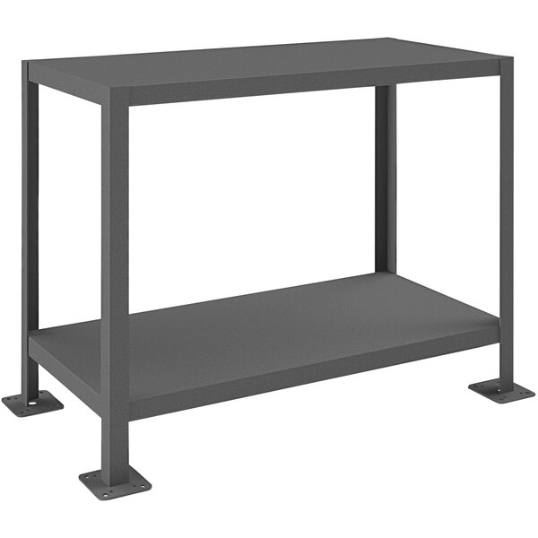 A gray steel Durham Mfg machine table with two shelves.