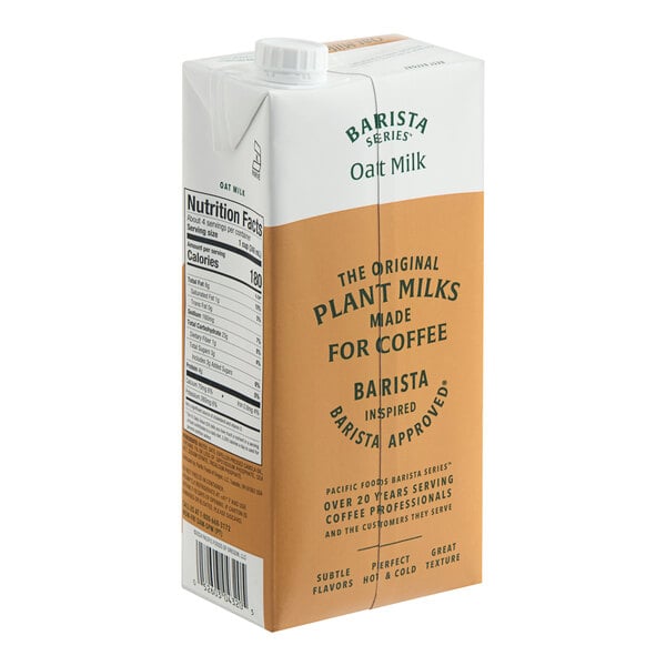 A 32 fl. oz. carton of Pacific Foods Barista Series Oat Milk.