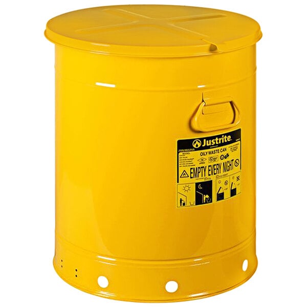 A yellow Justrite oily waste can with a lid and handle.