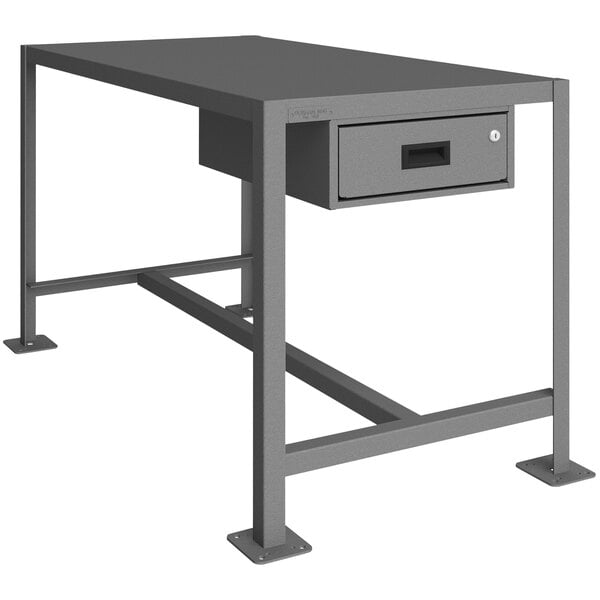 A grey rectangular Durham Mfg machine table with a drawer.