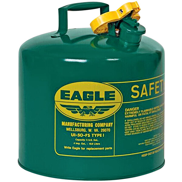 A green Eagle Manufacturing steel oil safety can with yellow and green labels.