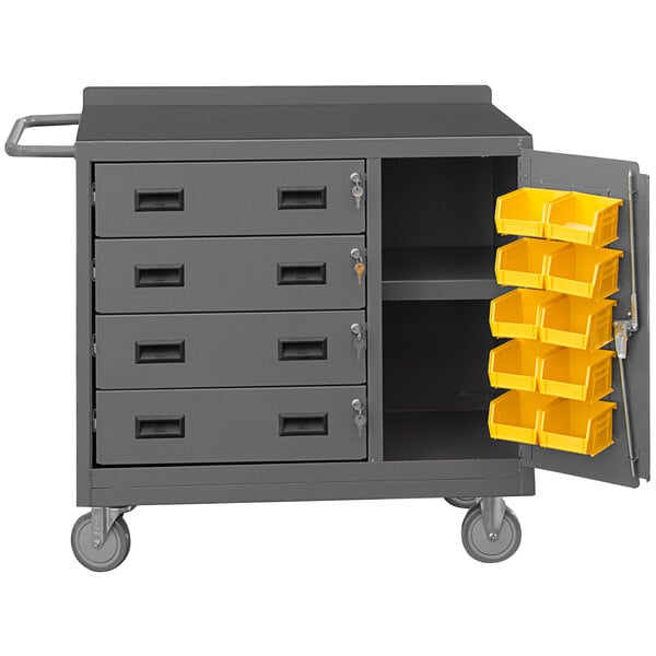 A grey metal cabinet with an open door revealing yellow bins inside.