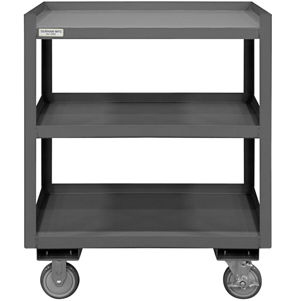 A gray Durham shop desk with wheels.