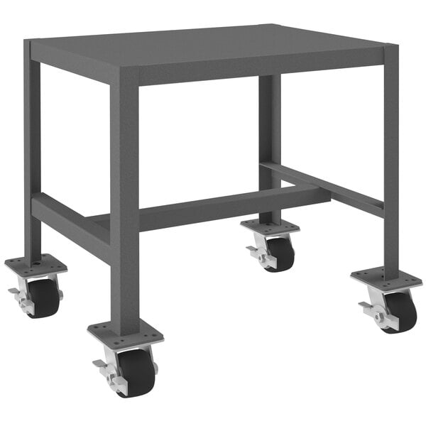 A grey metal Durham Mfg mobile machine table with black wheels.