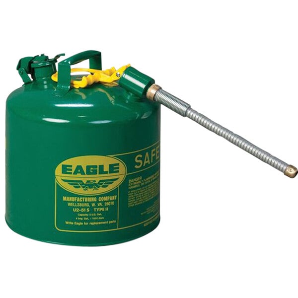 A green Eagle safety can for oil with yellow and green text and a metal hose.