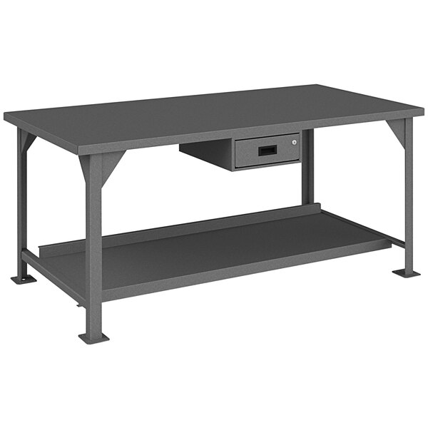 A grey rectangular steel workbench with a drawer.