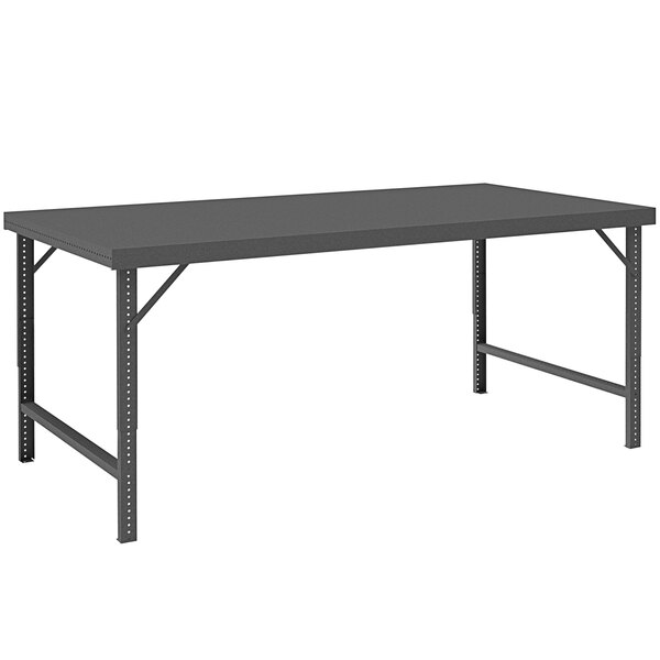 A rectangular black Durham Mfg steel workbench with metal legs.