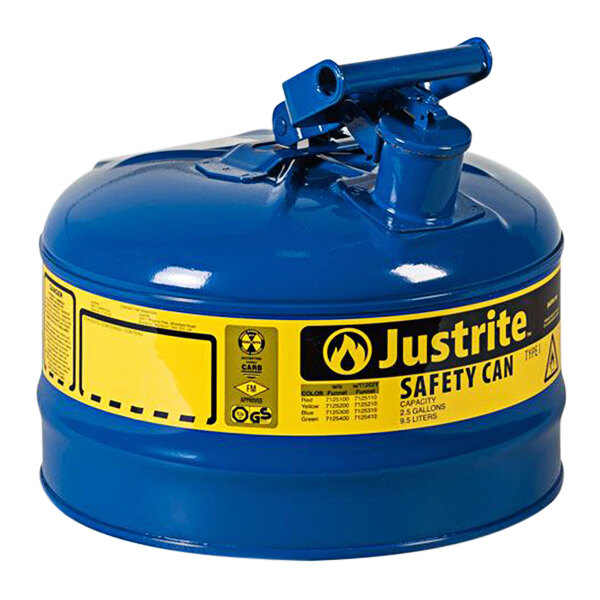 A blue Justrite kerosene safety can with yellow label and flame arrester.