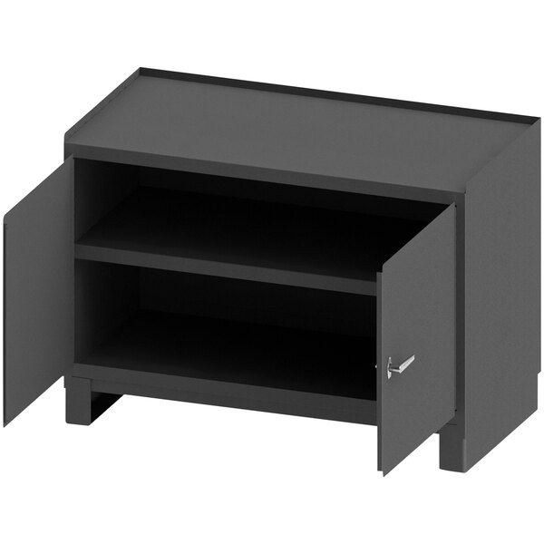 A black Durham Mfg workstation cabinet with open doors.