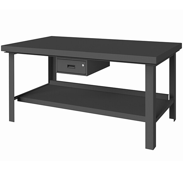 A black steel workbench with a drawer.
