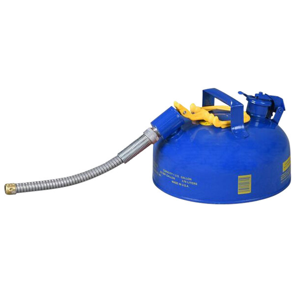 An Eagle Manufacturing blue steel kerosene safety can with metal hose and flame arrester.