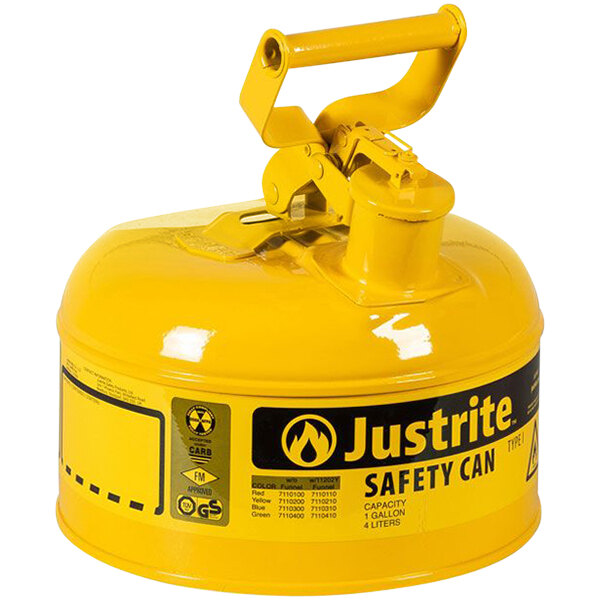 A yellow Justrite safety can with a handle.