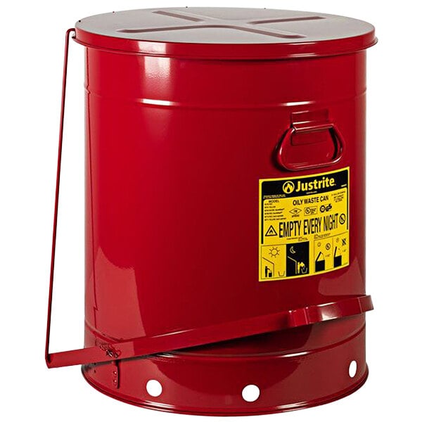 A red metal Justrite oily waste can with a lid.