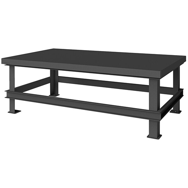 A black rectangular Durham steel workbench with metal legs.