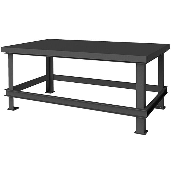 A black rectangular Durham steel workbench with metal legs.