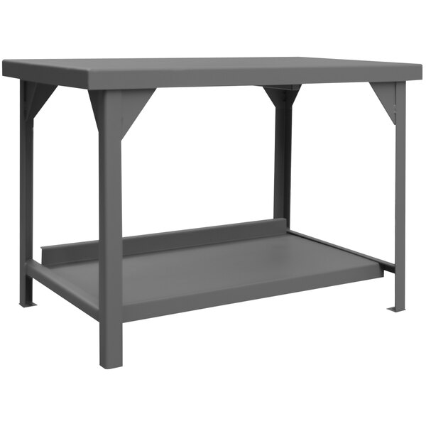 A grey rectangular table with a shelf.