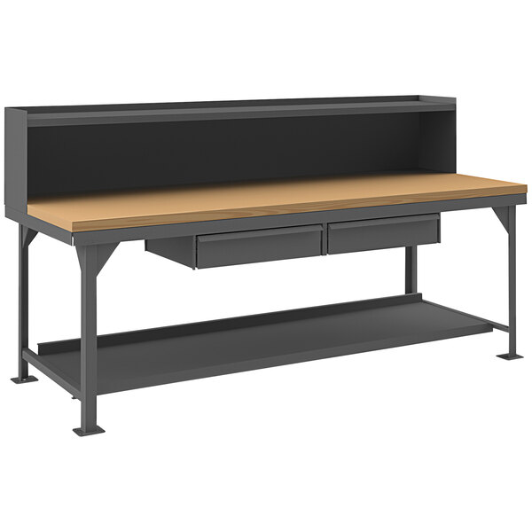 A Durham workbench with a maple top, drawers, and a riser shelf.