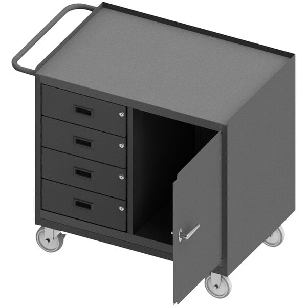 A black metal mobile workstation with a door open.