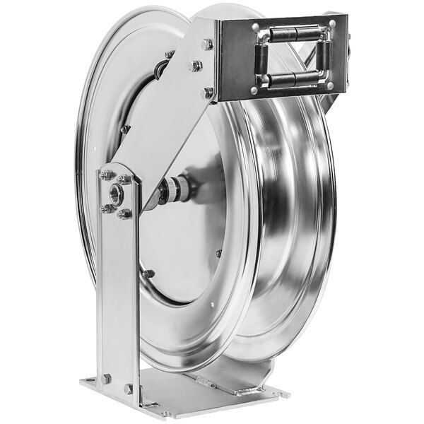 A close-up of a Coxreels stainless steel spring driven hose reel.