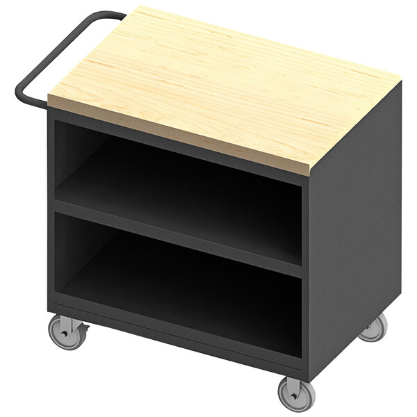 A black and grey mobile workstation with a maple top and one shelf on wheels.