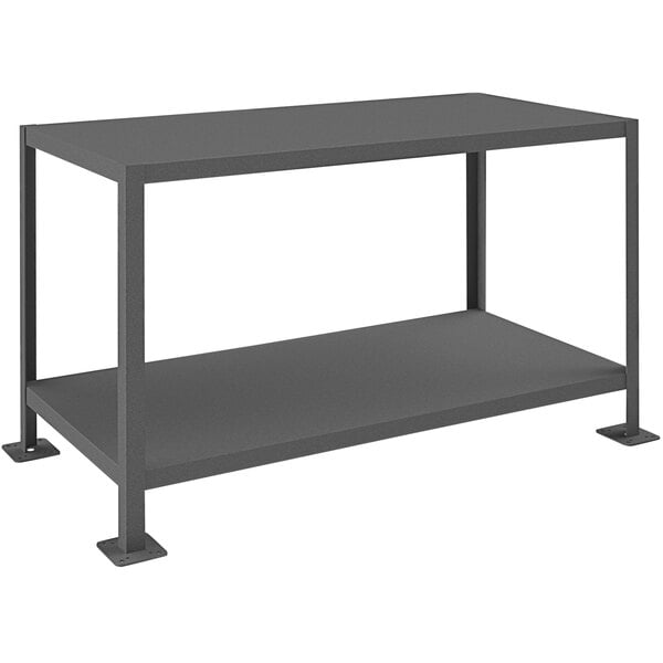 A black metal Durham Machine Table with two shelves.