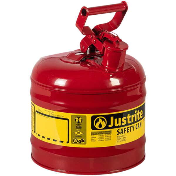 A red metal Justrite safety can for flammables with a yellow label.