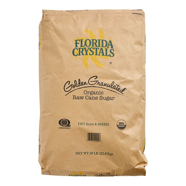 A brown bag of Florida Crystals Organic Raw Cane Sugar with text on it.