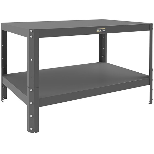 A gray metal Durham Mfg machine table with shelves.