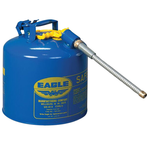 A blue Eagle Manufacturing kerosene safety can with a metal hose and flame arrester.