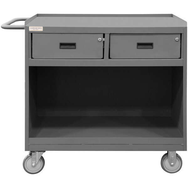 A gray Durham Mfg workstation cart with two drawers on wheels.