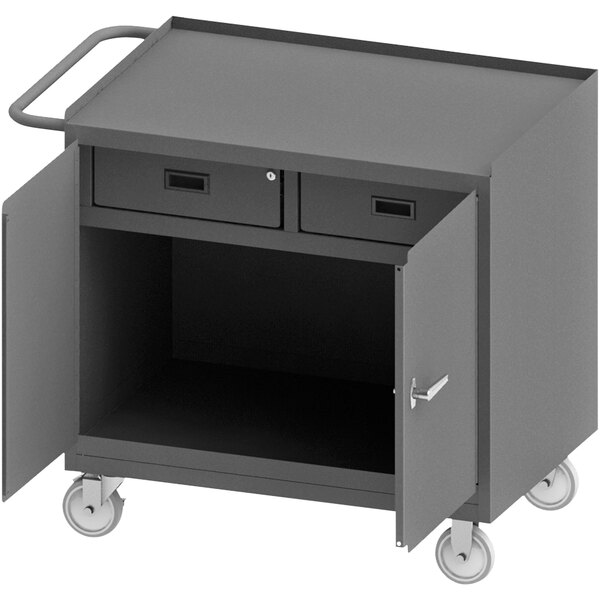 A grey metal cart with two drawers.