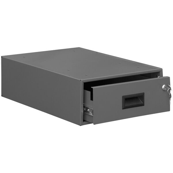 A grey metal Durham drawer for workbenches with an open lock.