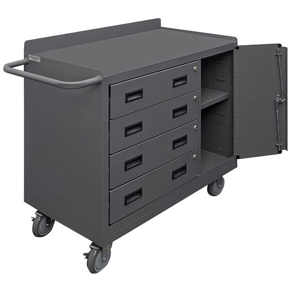 A gray metal cabinet with a door open and drawers inside.