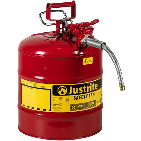 A red Justrite safety can with a metal hose.