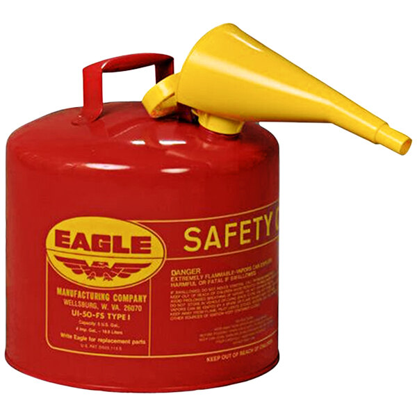 An Eagle red steel safety can with yellow and red lettering and a yellow funnel.