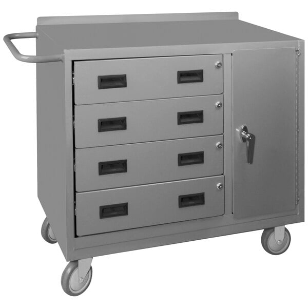 A gray Durham Manufacturing metal cabinet with 4 drawers on wheels.