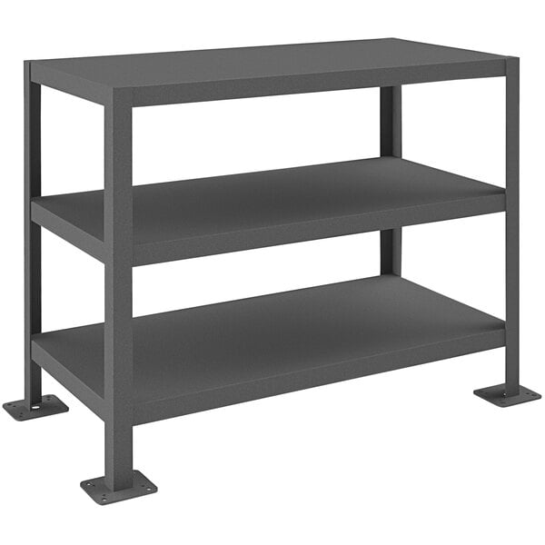 A grey metal Durham machine table with three shelves.