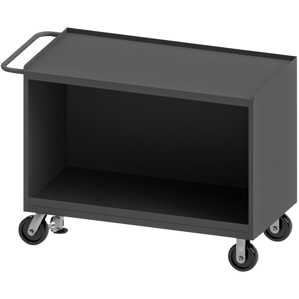 A black steel Durham Mfg workstation cart with wheels.