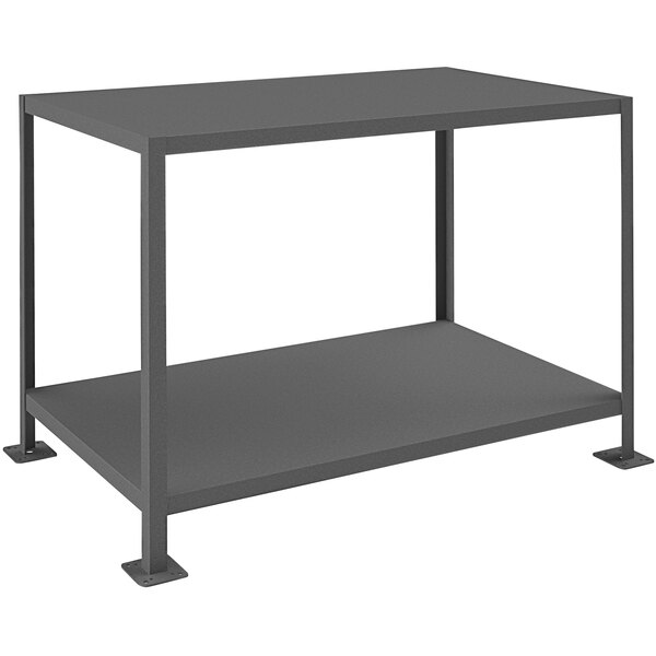 A gray metal Durham machine table with 2 shelves.