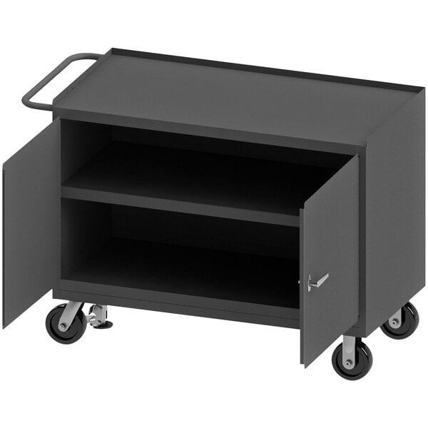 A black mobile steel workstation with 2 doors and 1 shelf.